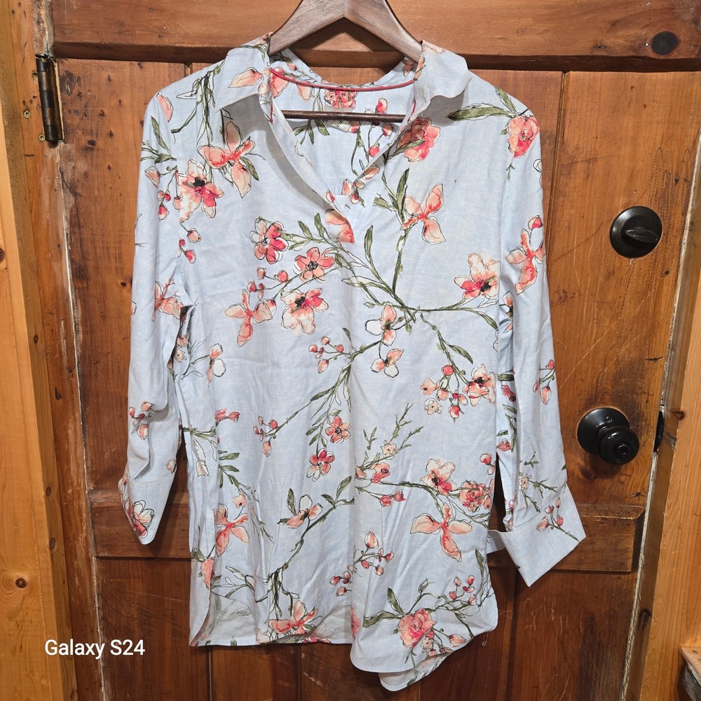 Chicos‎ Womens Floral Cotton Spandex Tunic Top Light Blue Coral Size 2 L 12 14 - Picture 3 of 5